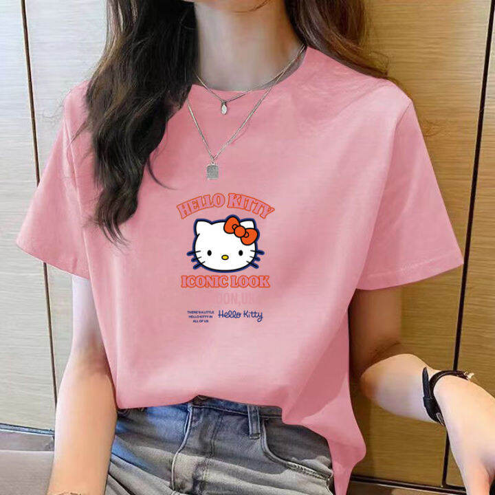 เสื้อยืดคอกลมสำหรับผู้หญิงแขนสั้นพิมพ์ลายการ์ตูนสีดำลำลองใหม่สำหรับฤดูร้อนเสื้อยืดหลวมแฟชั่นสำหรับผู้หญิงเรียบง่ายไซส์ใหญ่พิเศษ