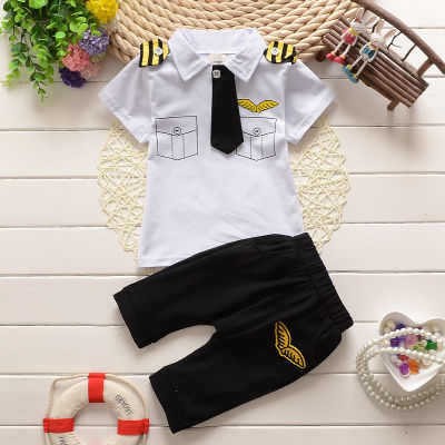 Free shipping summer new baby boys tie fake pocket cotton short sleeved two piece sets