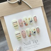 [HANDMADE]Artificial Nail Milky White Plaid Graffiti Color Phototpy Nails Reusable and Removable Nails