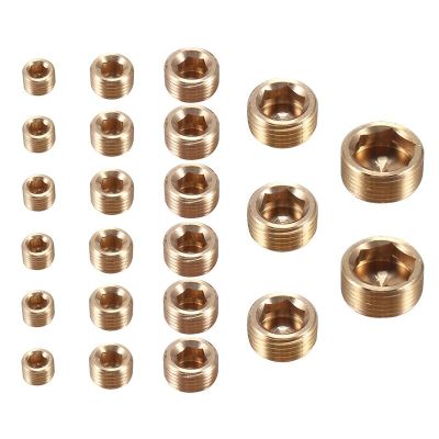 23Pcs Brass Pipe Fitting 1/8 Inch 1/4 Inch 3/8 Inch 1/2 Inch 3/4 Inch NPT Brass Internal Hex Thread Socket Pipe Plug Set Pipe Fittings Accessories