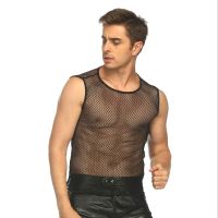 Mens Sexy Crop Tops See-through Mesh Fitness Tshirt Nightclub Fishnet Muscle Tops Net Fabric Hollow Out T-Shirt Vest Clubwear