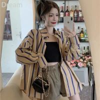 COD Korean style elegant striped shirt top summer womens long-sleeved sunscreen loose all-match chic and beautiful waist shirt