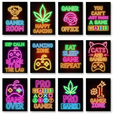 Neon Video Games Cats and Gaming Quote Posters Canvas Painting Game Room Wall Art Picture For Gamer Zone Room Decor No LED Light Wall Décor