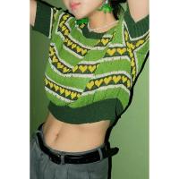 Qiukichonson Summer Short Sleeve Sweaters For Women Vintage Avocado Green Heart Pattern Knitted Top Crop Knitwear Ladies Jumpers