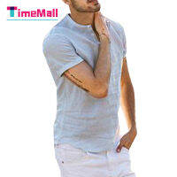 Timemall ผู้ชายเสื้อผ้าลินินและผ้าฝ้าย Stand-Up Collar แขนสั้นเสื้อเชิ้ตสีทึบเสื้อสวมศีรษะ