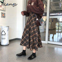 Harajuku Autumn Winter Wool Women Midi Pleated skirt High Waist Plaid Female Saias Korean Ulzzang Streetwear Elegant Long Skirts