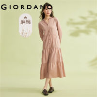 GIORDANO Women Dresses Linen Cotton Lightweight Fashion Poplin Dresses V-Neck Button Closure Relaxed Casual Dresses 05463348