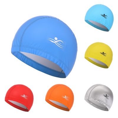 หมวกสีทึบสระว่ายน้ำหมวกว่ายน้ำสำหรับผู้ใหญ่ทำจาก PU ยืดหยุ่นได้ป้องกันหูผมยาวฟรีไซส์หมวกอาบน้ำหมวกดำน้ำ