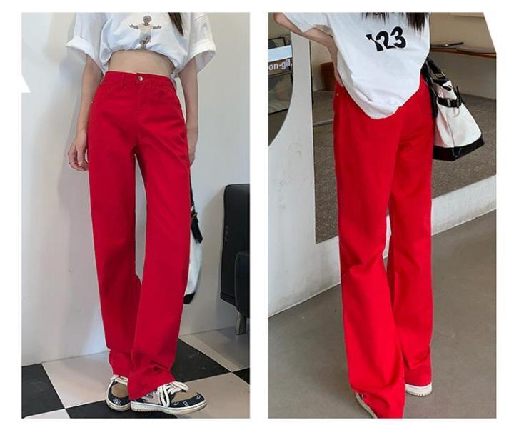 กางเกงขากว้างเอวสูงสีแดงย้อนยุคแนวสตรีทสไตล์กางเกงยีนส์ขาตรงทรงหลวมกางเกงขายาวผู้หญิงผ้าบางใส่สบาย