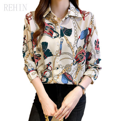 REHIN เสื้อเชิ้ตแขนยาวผู้หญิง,เสื้อพิมพ์ลายเวอร์ชั่นเกาหลีใส่ทำงานเสื้อชีฟองสำหรับเสื้อผ้าฤดูหนาว