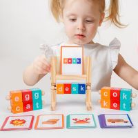 Wooden Educational Toys Spelling Block for Kids Learning English Spinning Alphabet Montessori Blocks with Words Flash Cards Toys Flash Cards Flash Car