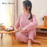 Womens Sleepwear Cotton Yarn Pajama Sets Water-washed Sleeping Suits Female Long-Sleeve Crepe Yarn Home Clothe Lounge Wear Pink