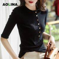 AOLINA 2022ฤดูร้อนใหม่หญิง Crewneck อารมณ์กับเสื้อฐานถักหรูหราเบาฝรั่งเศส