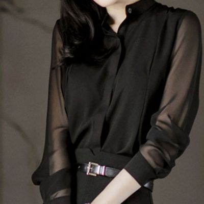 XiXilixiaojie แขนยาวเสื้อหญิงเวอร์ชั่นเกาหลีเป็นสีดำบางยืนคอเสื้อชีฟอง