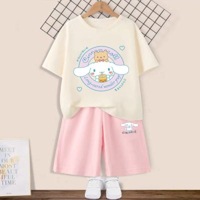 Kuromi Cinnamoroll เสื้อยืดเด็กกางเกงขาสั้น2ชิ้น/เซ็ตน่ารัก Sanrio Anrio อนิเมะเสื้อผ้าลำลองเด็กผู้หญิงเด็กผู้ชายของขวัญกีฬา