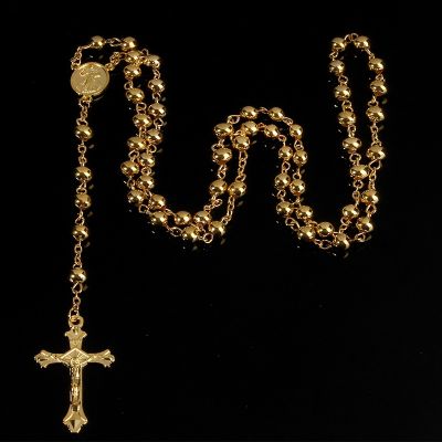 6MM imitation gold iron bead rosary necklace high quality rosary necklace beautiful cross pendant rose necklace