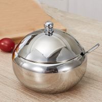 Stainless Steel Seasoning Jar Sugar Cereal Spice Bowl Drum-Shaped with Spoon Lid Kitchen Storage Pot Seasoning Bottle