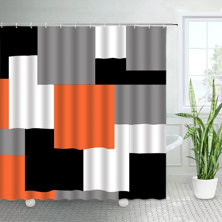 red-black-gray-geometric-shower-curtains-square-pattern-nordic-fashion-home-chic-bathroom-decor-polyester-bath-curtain-hooks-set