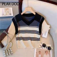 PEAR DODOเสื้อถักแขนสั้นคอวีลายทางวินเทจสำหรับผู้หญิง