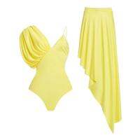 New Solid Yellow Color Swimswaer Asymmetrical Sling Solid Color One Piece Skirt Swimsuit  Beach Vacation Suit Skirt Bikini Cove Up