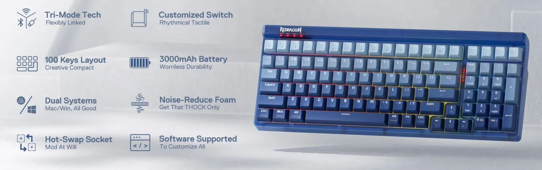 Redragon Garen PRO K656 Pro Bluetooth 5.0 wireless 2.4G USB 3 mode Mechanical Gaming Keyboard 100 Keys Compact 18