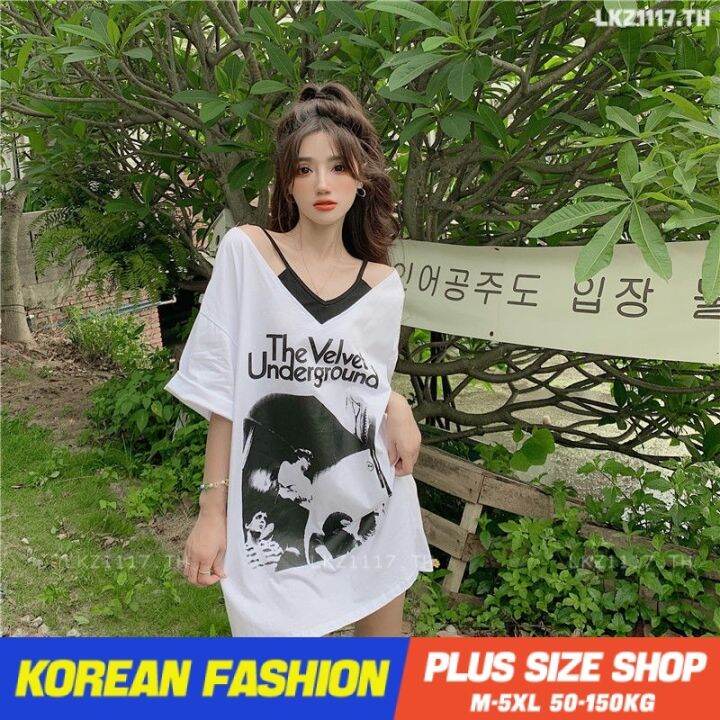 plus-size-เสื้อผ้าสาวอวบ-เสื้อยืดสาวอวบอ้วน-ไซส์ใหญ่-ผู้หญิง-เสื้อยืด-oversize-ทรงหลวม-แขนสั้น-คอวี-พิมพ์-ฤดูร้อน-สไตล์เกาหลีแฟชั่น