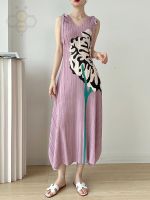 ❅ Aiden001 Average Size Miyake Pleated Summer Ladies Suspenders V-Neck Printed Dress Sleeveless Vest Slimming Age-Reducing Long Dress 1671