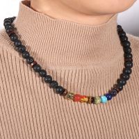 ZZOOI Women Men Natural Stone 7 Chakras Tiger Eye Stone Lava Rock Beads Necklace Alloy Buddha Head Charm Choker Neck Chain Jewelry