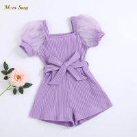 Baby Girl Cotton Ribbed Jumpsuit Puff Sleeve Summer Infant Toddler Lace Jumpsuit Waist Belt Outfit Solid Color Baby Clothes 1-7Y