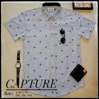 Capture Shirt เสื้อเชิ้ตผู้ชาย คอปก แขนสั้น oxford ลายแมว สีเทา มีถึงอก 48 นิ้ว