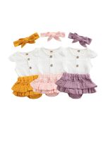 Baby Girls Three-piece Clothes Set, Solid Color Round Collar Tops, High Waist Shorts and Headdress, Purple/ Pink/ Yellow  by Hs2023