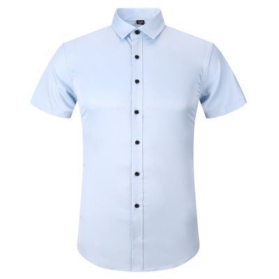 HOT11★Anti-Wrinkle No-Ironing Elasticity Slim Fit Men Dress Cal Summer Short Sleeve Shirt White Black Blue Red Male Social Shirts