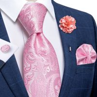 2022 Fashion Pink Paisley Solid Men 39;s Tie Set Pocket Square Cufflinks Wedding Party Accessories Silk Necktie Lapel Dropshipping