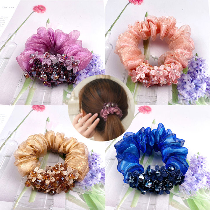 Korean version Organza hair circle exquisite head rope women's leather band  tied horsetail crystal broken flower Hair Accessories 