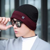 mens beanie hat outdoor sports cycling warm wool hat plus velvet cuff leather M standard knitted hat 【JULY]