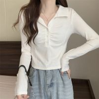 White Polo Collar Short Temperamental Base Shirt Womens Spring And Autumn Slim Fit Sweet High Waist Inner Wear Long Sleeve T-Shirt Top