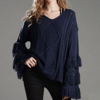 Tassel Flare Sleeve Women Sweaters Vintage Loose Knitted V-neck Tops Winter Casual Sweater Pullovers