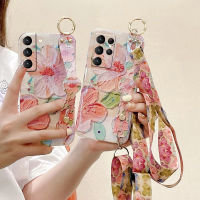 เคสโทรศัพท์สำหรับ Samsung Galaxy S23 FE S23FE S21FE ภาพวาดสีน้ำมันลายดอกท้อเคส Tpu กันตกพร้อมสายคล้องแบบคาดตัว