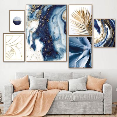 Modern Abstract Gold foil lines and leaf Blue Canvas Art Paintings Living Room Posters Marbling Prints Wall Poster Home Decor