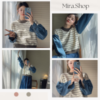 Mira_shop เสื้อแขนยาวลายทาง แขนยีนส์ รับหน้าหนาว คอลใหม่ 26141#