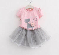 Girl Clothing 2pcs Child Cat Pattern T-shirt Tops + Dress Cute Tutu Ball Gown Girls Dress Short Sleeve Children Clothing Sets