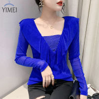 ➧YIMEI เสื้อตาข่ายคอวีสำหรับผู้หญิง,เสื้อแฟชั่นของผู้หญิงเสื้อเชิ้ตตัวเล็กแขนยาวติดเพชรเสื้อยืดสีฟ้า2023สำหรับฤดูใบไม้ผลิและฤดูใบไม้ร่วงเสื้อเชิ้ตตัวเล็ก