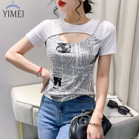 YIMEI เสื้อยืดเสื้อคอตตอนผู้หญิงอเนกประสงค์,เสื้อยืดผู้หญิงทรงผ่าเซ็กซี่ดีไซน์ใหม่2023ฤดูร้อนเสื้อยืดผู้หญิงพิมพ์ลายตัวอักษรแฟชั่นของผู้หญิง