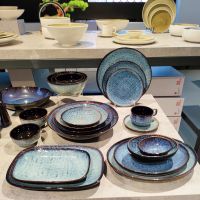 Spot parcel postLZ Denim Blue Linen Pattern Plate Dish Noodle Bowl Soup Bowl Rice Bowl Mug Coffee Set Egg-Shaped Bowl Fish Dish Rectangular Plate