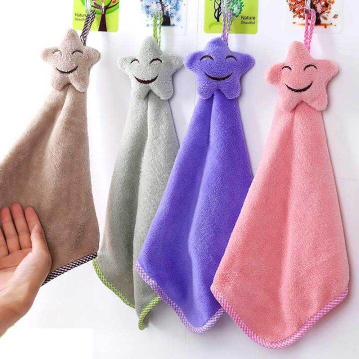 smiling-star-face-hanging-hand-towels-kitchen-coral-velvet-absorbent-dishcloths