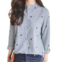 Free Shipping Womens Long Sleeve Cotton Tops Casual Loose Embroidery Lapel Shirt