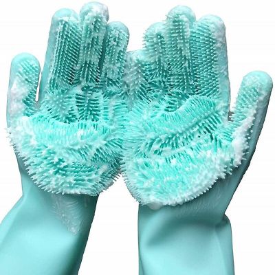 Silicone Cleaning Gloves Dishwashing Scrubber - Reusable Dish Wash Scrubbing Sponge Gloves with Bristles Safety Gloves