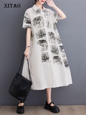 XITAO Dress Block Print Single Breast Women Goddess Fan Shirt Dress