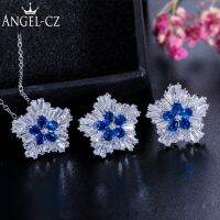 ANGELCZ ต่างหูสร้อยคอสีเงินรูปราชวงศ์คริสตัลออสเตรียสีฟ้าคลาสสิกสำหรับผู้หญิงชุดเครื่องประดับเกล็ดหิมะ AJ037สวยงาม