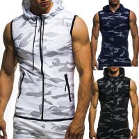 2022 New Mens Red Camouflage Zipper Hooded Sleeveless Camouflage Printed Fitness Sports Vest Running top Mens men gym